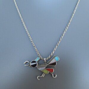 Zuni VTG Sterling Silver Multi-Stone Inlaid Roadrunner Pendant w/ 16" Chain
